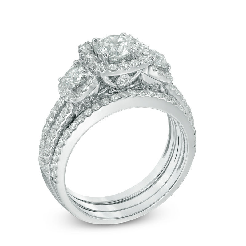 1.56 CT. T.W. Certified Canadian Diamond Three Stone Frame Engagement Ring 14K White Gold (I/I2)