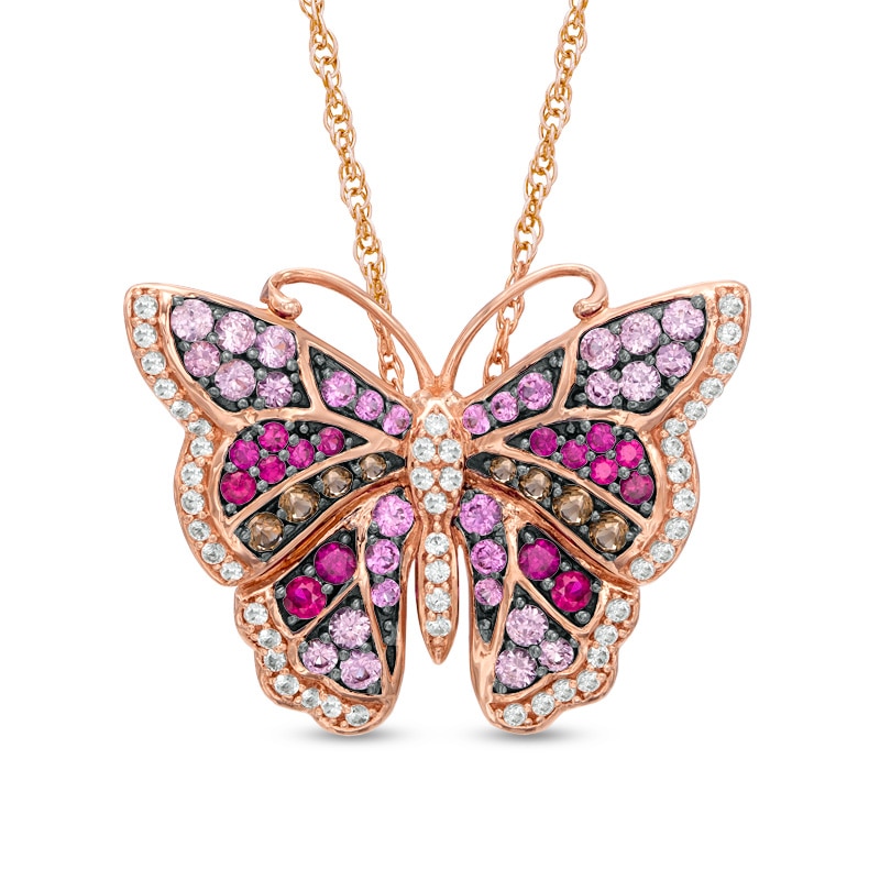Main Image 1 of Multi-Gemstone and Lab-Created White Sapphire Butterfly Pendant in Sterling Silver with 14K Rose Gold Plate