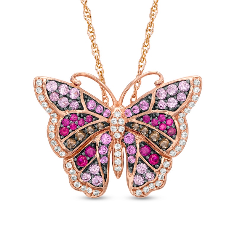 Multi-Gemstone and Lab-Created White Sapphire Butterfly Pendant in Sterling Silver with 14K Rose Gold Plate