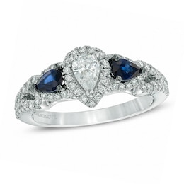 Vera Wang Love Collection 0.70 CT. T.W. Pear-Shaped Diamond and Blue Sapphire Frame Ring in 14K White Gold