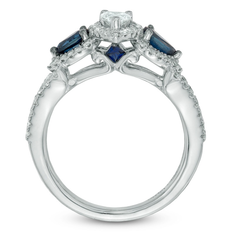 Main Image 3 of Vera Wang Love Collection 0.70 CT. T.W. Pear-Shaped Diamond and Blue Sapphire Frame Ring in 14K White Gold