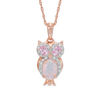 Thumbnail Image 1 of Oval Lab-Created Opal with Pink and White Lab-Created Sapphire Owl Pendant in Sterling Silver with Rose Gold Plate