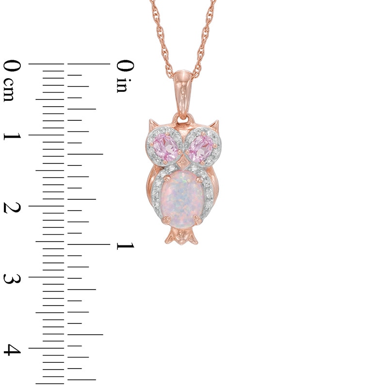 Main Image 2 of Oval Lab-Created Opal with Pink and White Lab-Created Sapphire Owl Pendant in Sterling Silver with Rose Gold Plate