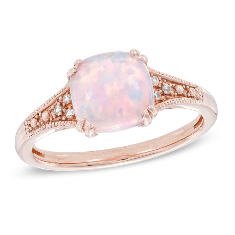 8.0mm Cushion-Cut Lab-Created Pink Opal and White Sapphire Ring in Sterling Silver with 14K Rose Gold Plate