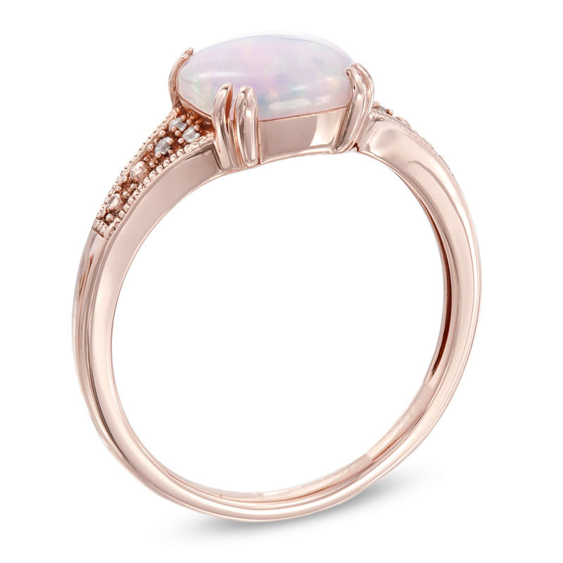 Main Image 2 of 8.0mm Cushion-Cut Lab-Created Pink Opal and White Sapphire Ring in Sterling Silver with 14K Rose Gold Plate