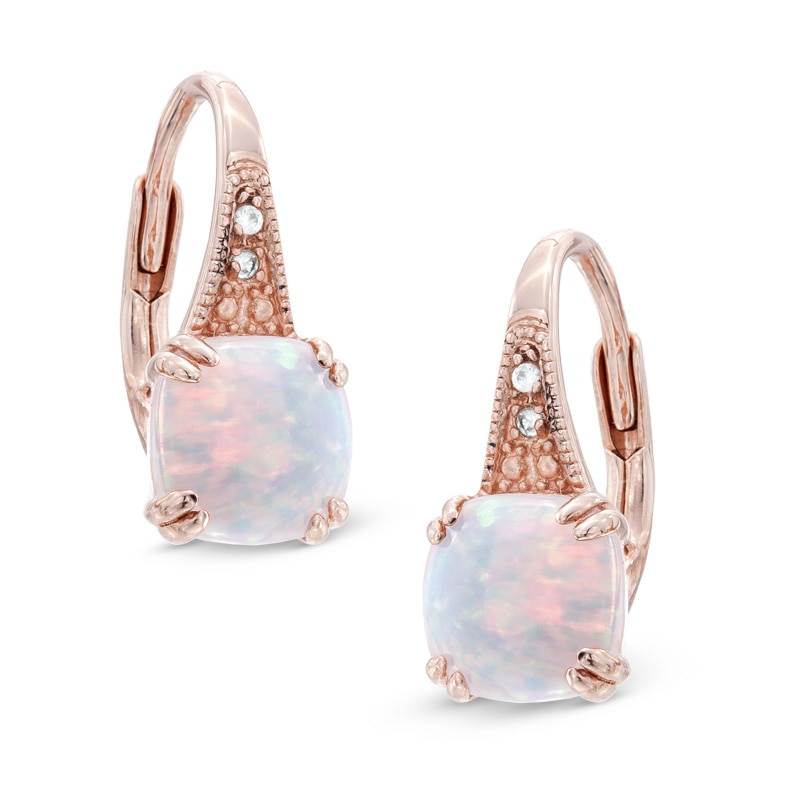 7.0mm Cushion-Cut Lab-Created Pink Opal and White Sapphire Earrings in Sterling Silver with 14K Rose Gold Plate