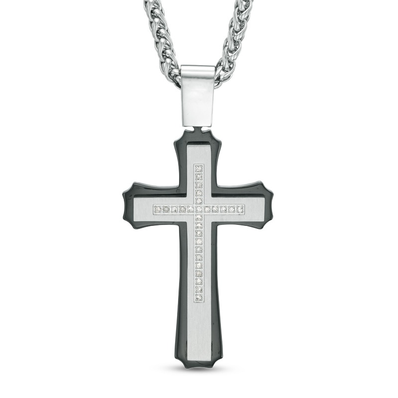 Men's 0.13 CT. T.W. Diamond Stacked Cross Pendant in Two-Tone Stainless Steel - 24"|Peoples Jewellers