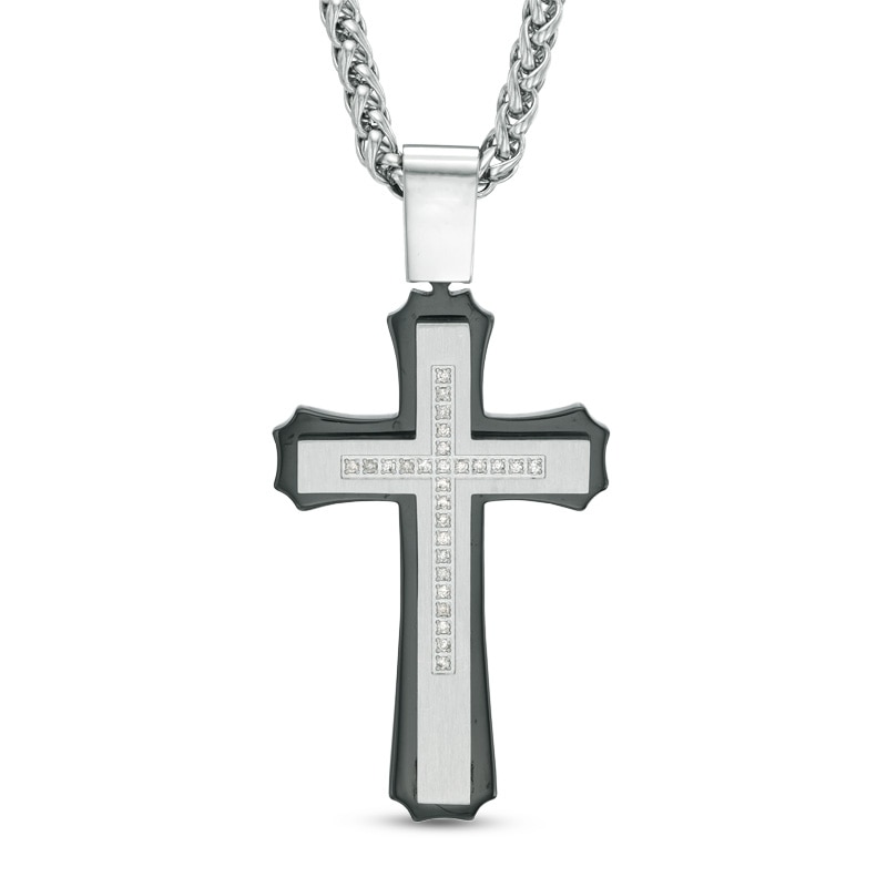Main Image 1 of Men's 0.13 CT. T.W. Diamond Stacked Cross Pendant in Two-Tone Stainless Steel - 24&quot;