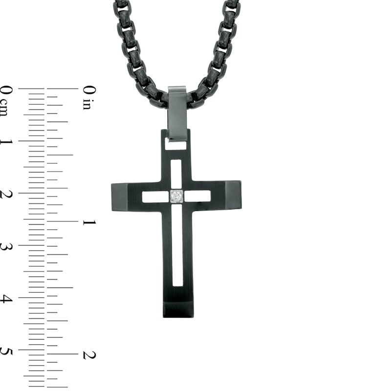 Men's Diamond Accent Cutout Cross Pendant in Black IP Stainless Steel - 24"