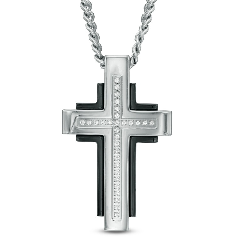 Main Image 1 of Men's Diamond Accent Cross Pendant in Two-Tone Stainless Steel - 24"