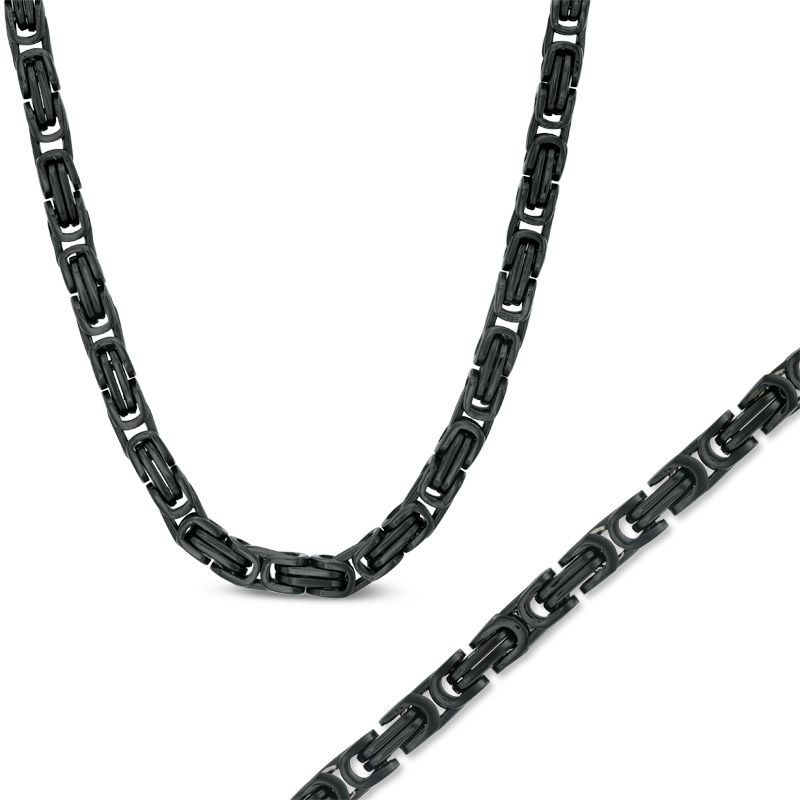 Men's 5.0mm Byzantine Chain Necklace and Bracelet Set in Black IP Stainless Steel - 24"|Peoples Jewellers