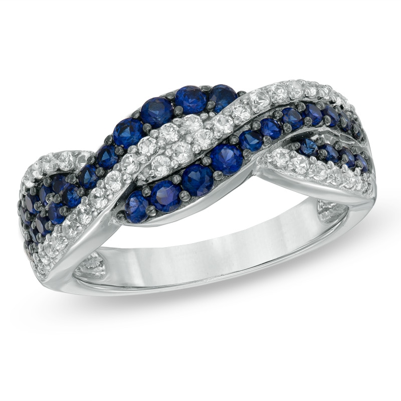Lab-Created Blue and White Sapphire Twist Ring in Sterling Silver