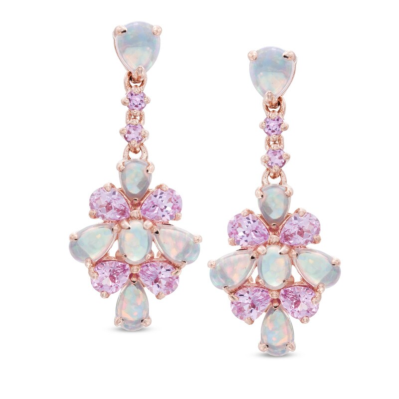 Main Image 1 of 7.0mm Cushion-Cut Lab-Created Pink Opal and White Sapphire Earrings in Sterling Silver with 14K Rose Gold Plate