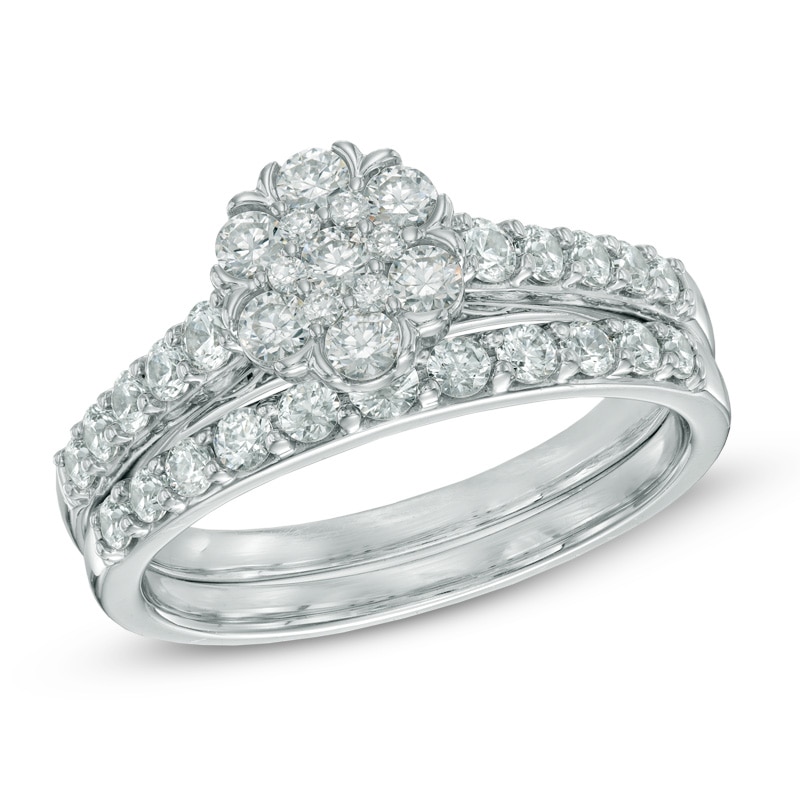 1.00 CT. T.W. Diamond Cluster Bridal Set in 10K White Gold