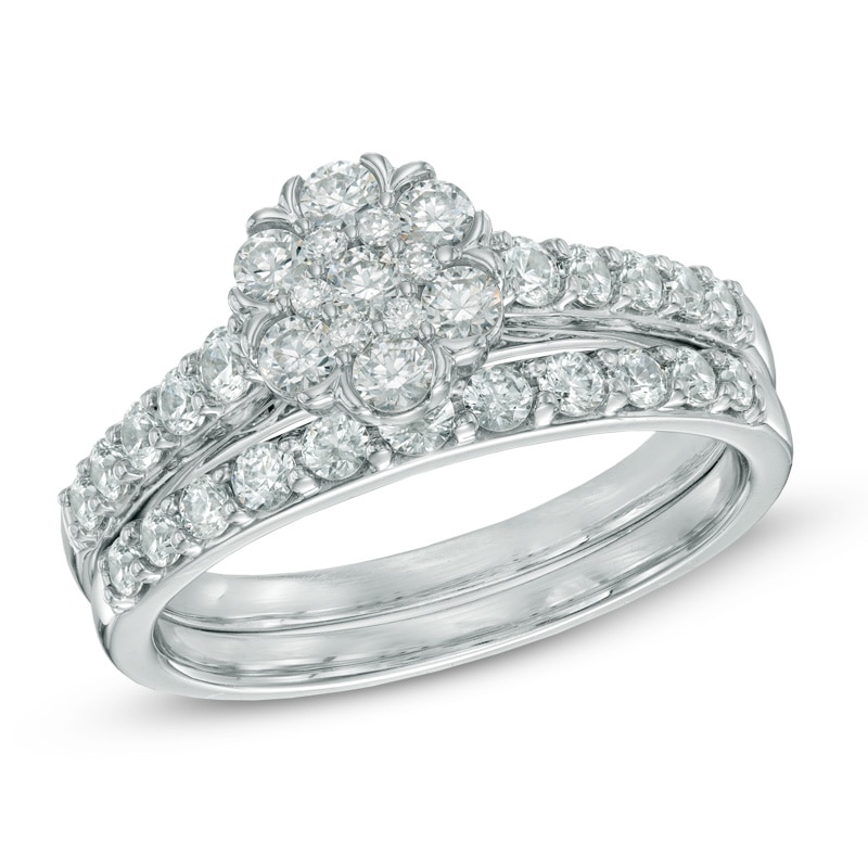 Main Image 1 of 1.00 CT. T.W. Diamond Cluster Bridal Set in 10K White Gold