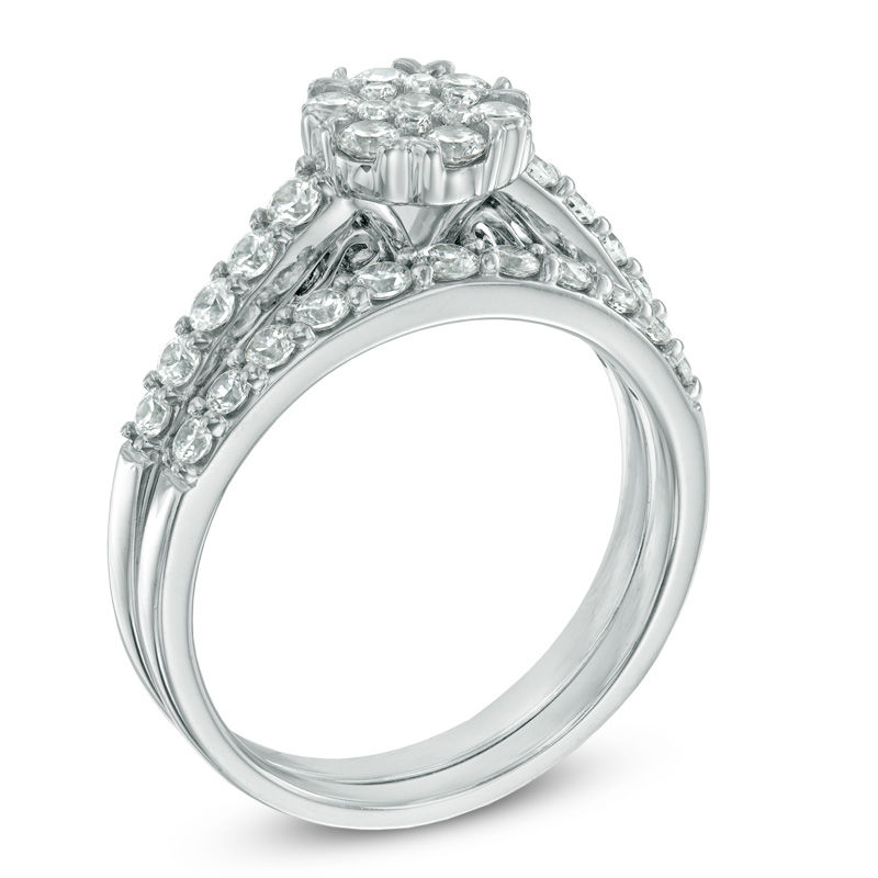 Main Image 2 of 1.00 CT. T.W. Diamond Cluster Bridal Set in 10K White Gold