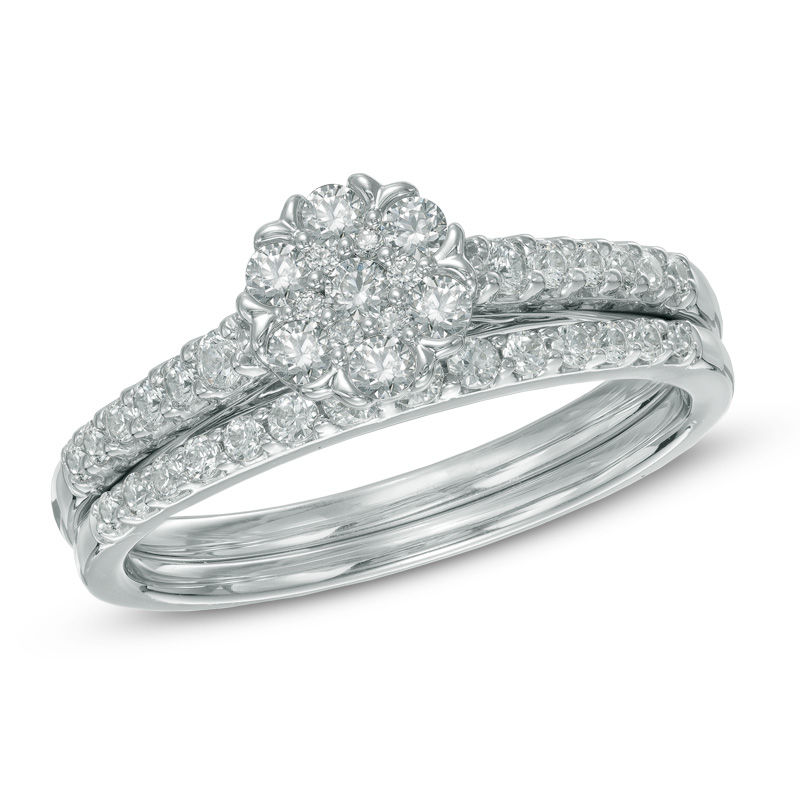 Main Image 1 of 0.50 CT. T.W. Diamond Cluster Bridal Set in 10K White Gold