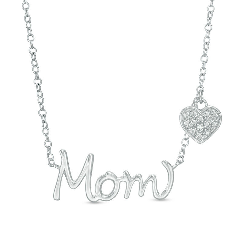 Diamond Accent "Mom" with Heart Charm Necklace in Sterling Silver