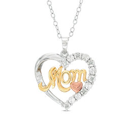 Diamond Accent &quot;MOM&quot; Heart Pendant in Sterling Silver and 14K Two-Tone Gold Plate
