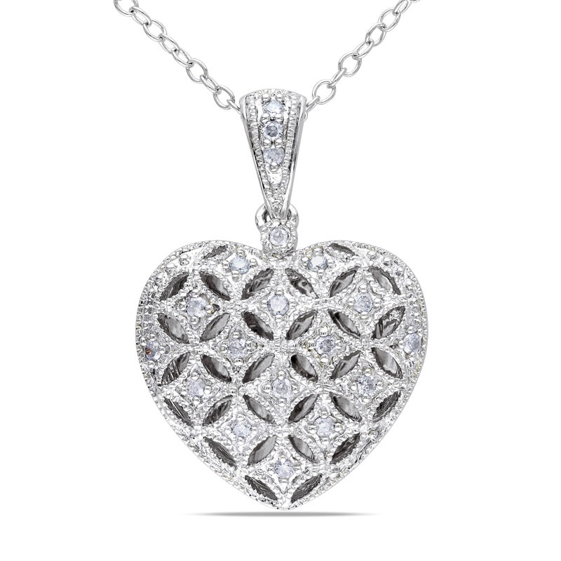 Main Image 1 of 0.14 CT. T.W. Diamond Lattice Heart Locket in Sterling Silver