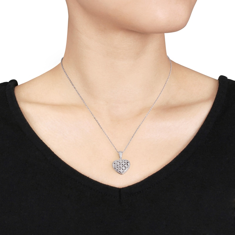 Main Image 3 of 0.14 CT. T.W. Diamond Lattice Heart Locket in Sterling Silver