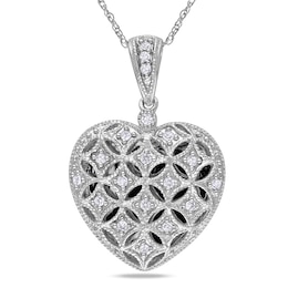 0.14 CT. T.W. Diamond Lattice Heart Locket in 10K White Gold - 17&quot;