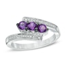 Thumbnail Image 0 of Amethyst and Diamond Accent Three Stone Bypass Ring in Sterling Silver