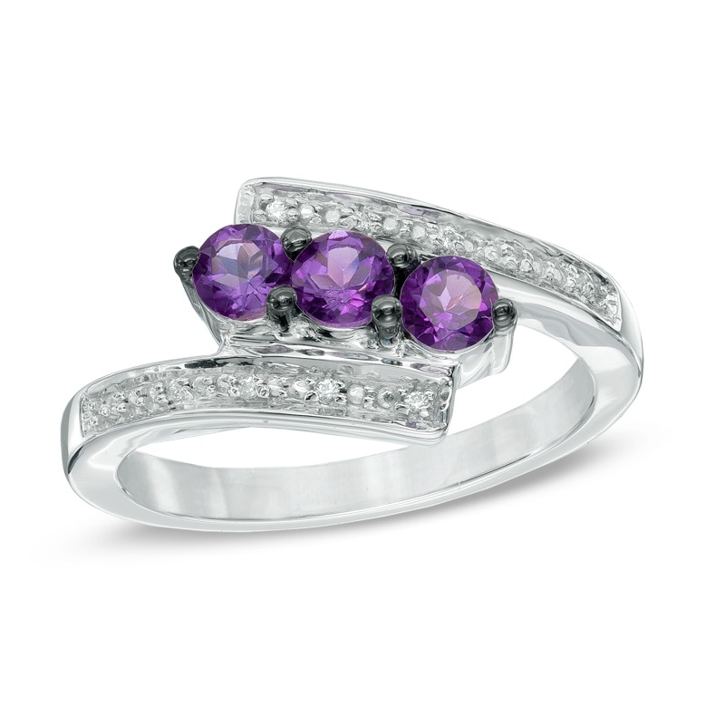 Amethyst and Diamond Accent Three Stone Bypass Ring in Sterling Silver