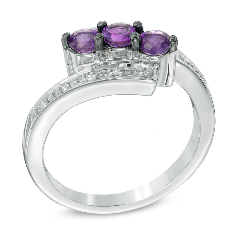 Amethyst and Diamond Accent Three Stone Bypass Ring Sterling Silver