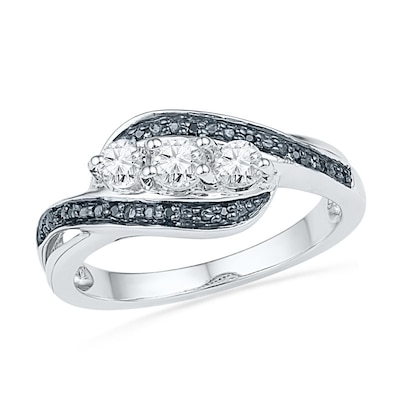 Lab-Created White Sapphire and Diamond Accent Three Ribbon Stone Ring in Sterling Silver