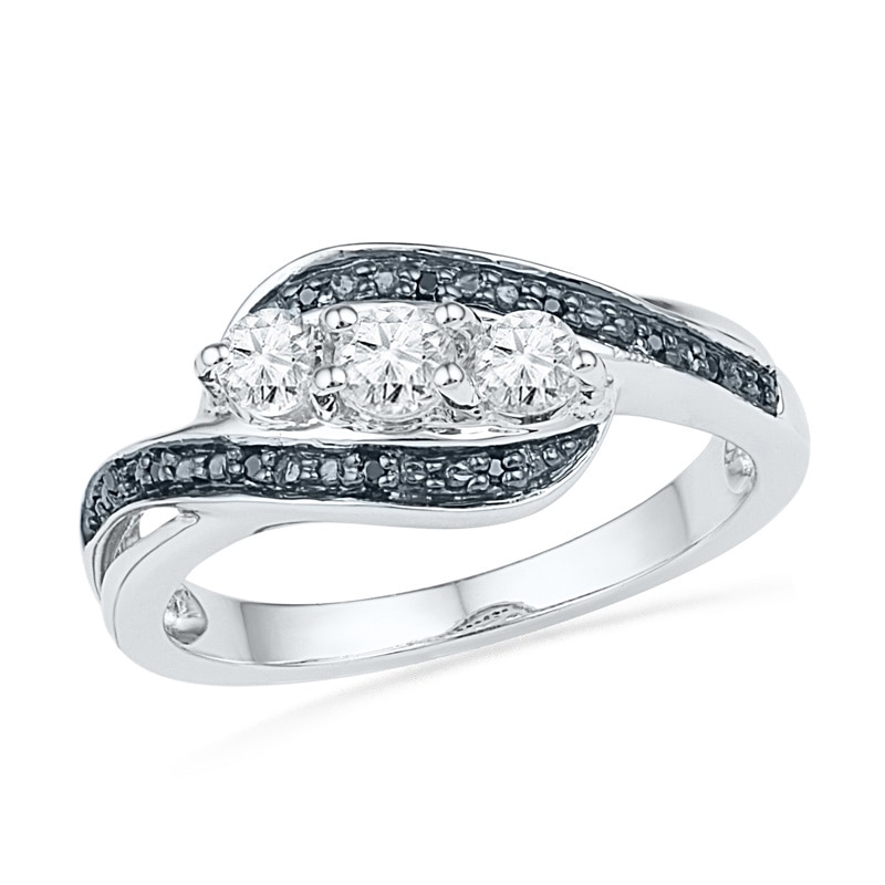 Lab-Created White Sapphire and Diamond Accent Three Ribbon Stone Ring in Sterling Silver