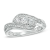 Thumbnail Image 0 of Lab-Created White Sapphire and Diamond Accent Three Stone Ribbon Ring in Sterling Silver