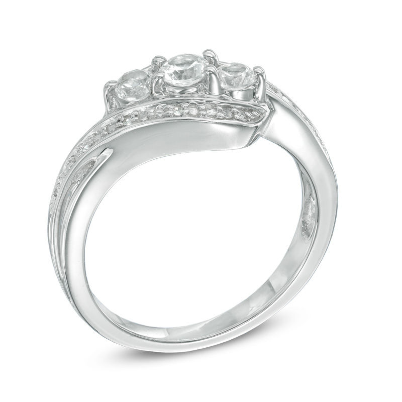 Main Image 2 of Lab-Created White Sapphire and Diamond Accent Three Stone Ribbon Ring in Sterling Silver