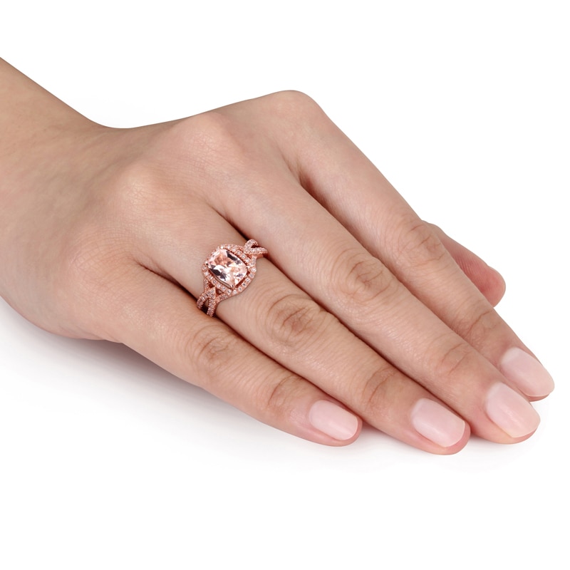 Main Image 3 of Cushion-Cut Morganite and 0.17 CT. T.W. Diamond Ring in 10K Rose Gold