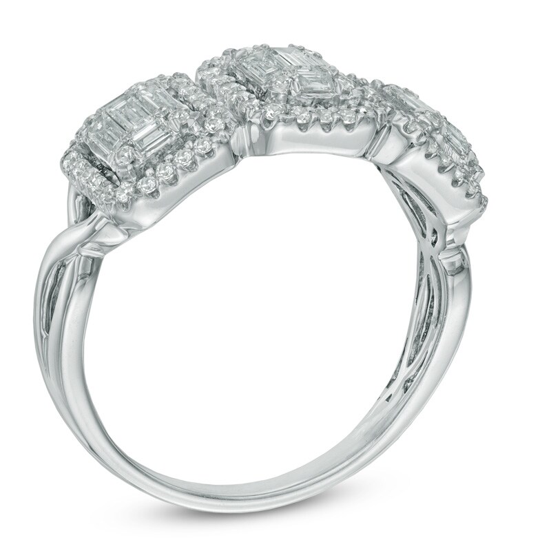 Main Image 2 of 0.75 CT. T.W. Multi-Baguette Diamond Frame Three Stone Ring in 14K White Gold