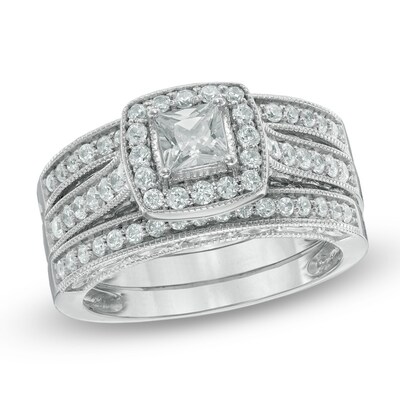 1.00 CT. T.W. Princess-Cut Diamond Frame Three Piece Bridal Set in 14K White Gold