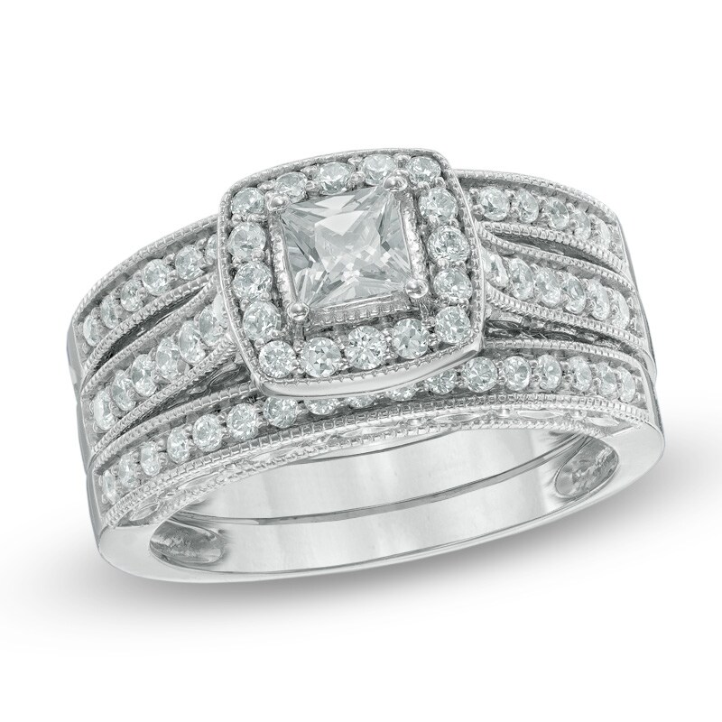 1.00 CT. T.W. Princess-Cut Diamond Frame Three Piece Bridal Set in 14K White Gold