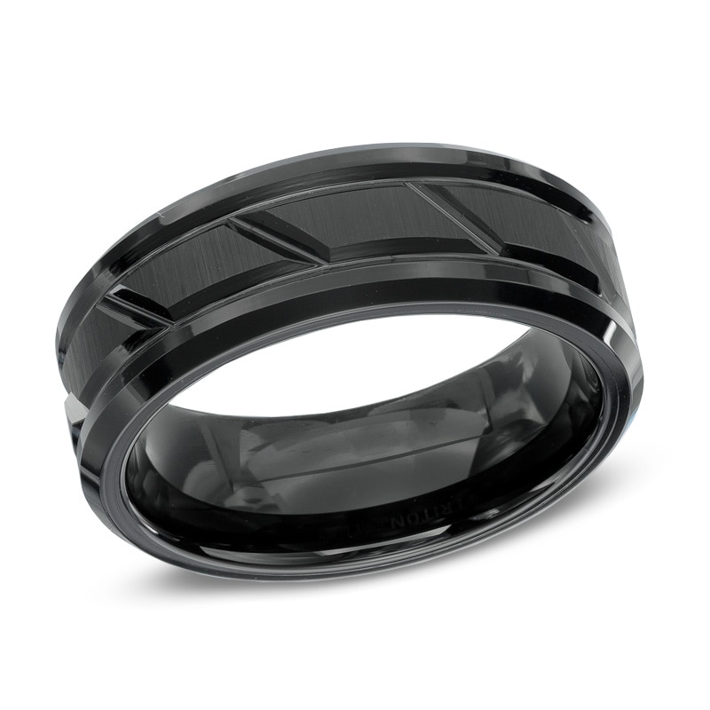 Triton Men's 8.0mm Bevelled Edge Grooved Comfort-Fit Wedding Band in Tungsten Carbide with Black IP - Size 10|Peoples Jewellers