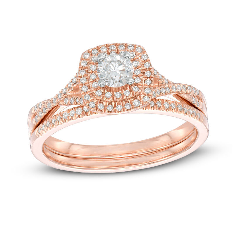 0.45 CT. T.W. Certified Canadian Diamond Double Frame Bridal Set in 14K Rose Gold (I/I2)