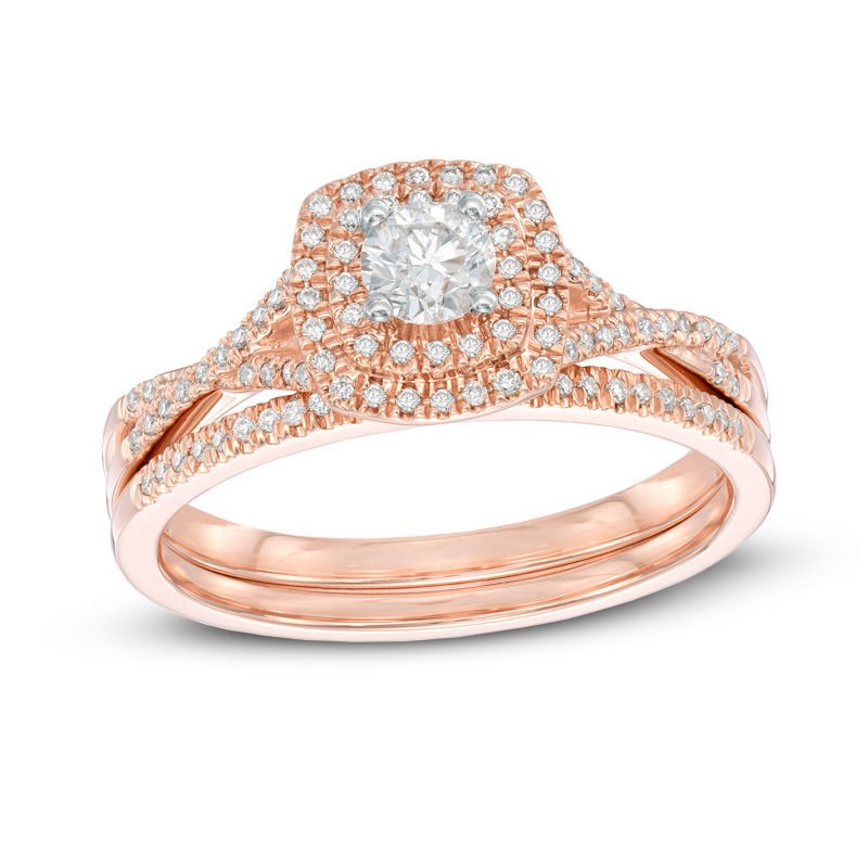 Main Image 1 of 0.45 CT. T.W. Certified Canadian Diamond Double Frame Bridal Set in 14K Rose Gold (I/I2)