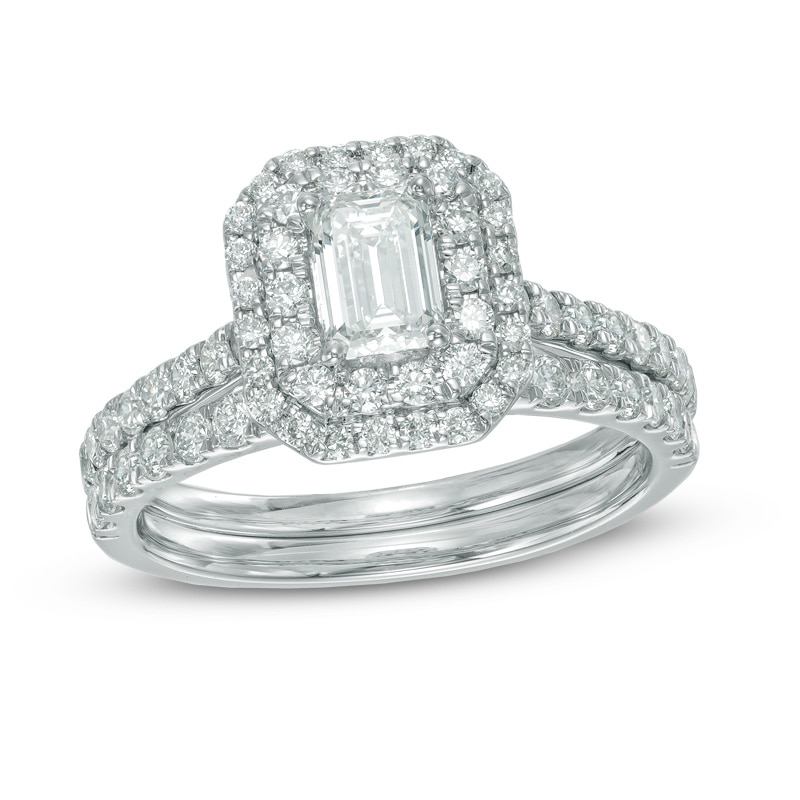 1.45 CT. T.W. Certified Canadian Emerald-Cut Diamond Double Frame Bridal Set in 14K White Gold (I/I1)