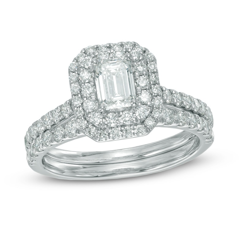 Main Image 1 of 1.45 CT. T.W. Certified Canadian Emerald-Cut Diamond Double Frame Bridal Set in 14K White Gold (I/I1)