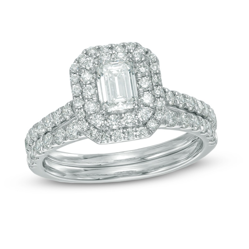 1.45 CT. T.W. Certified Canadian Emerald-Cut Diamond Double Frame Bridal Set in 14K White Gold (I/I1)|Peoples Jewellers