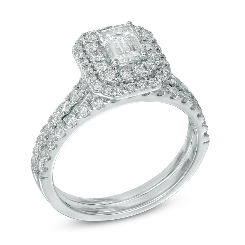 Main Image 2 of 1.45 CT. T.W. Certified Canadian Emerald-Cut Diamond Double Frame Bridal Set in 14K White Gold (I/I1)