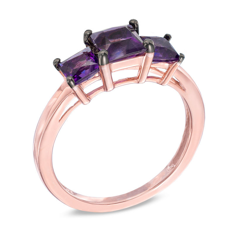 Princess-Cut Amethyst Three Stone Ring 10K Rose Gold