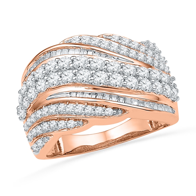 1.50 CT. T.W. Baguette and Round Diamond Wave Band in 10K Rose Gold