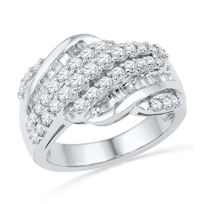 1.00 CT. T.W. Baguette and Round Diamond Rolling Wave Band in 10K Gold