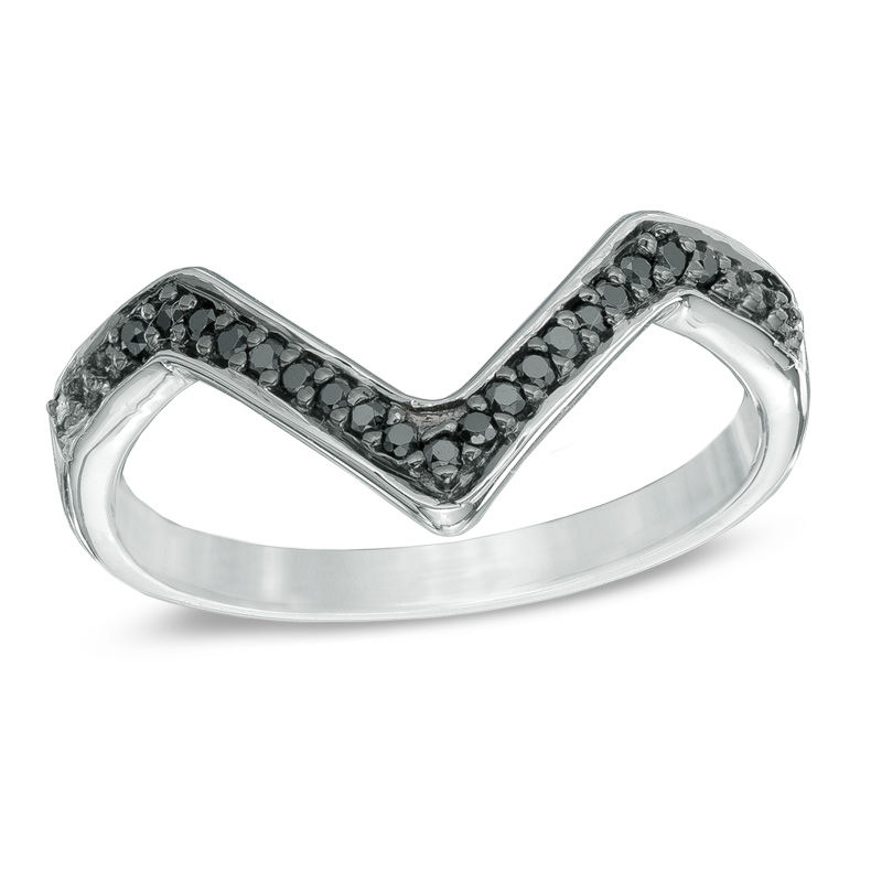 Black Diamond Accent Deep Chevron Midi Ring in Sterling Silver