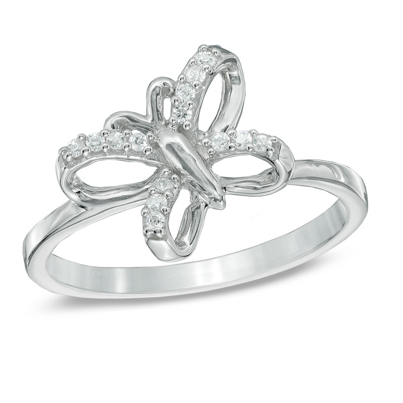 Diamond Accent Tilted Butterfly Midi Ring in Sterling Silver