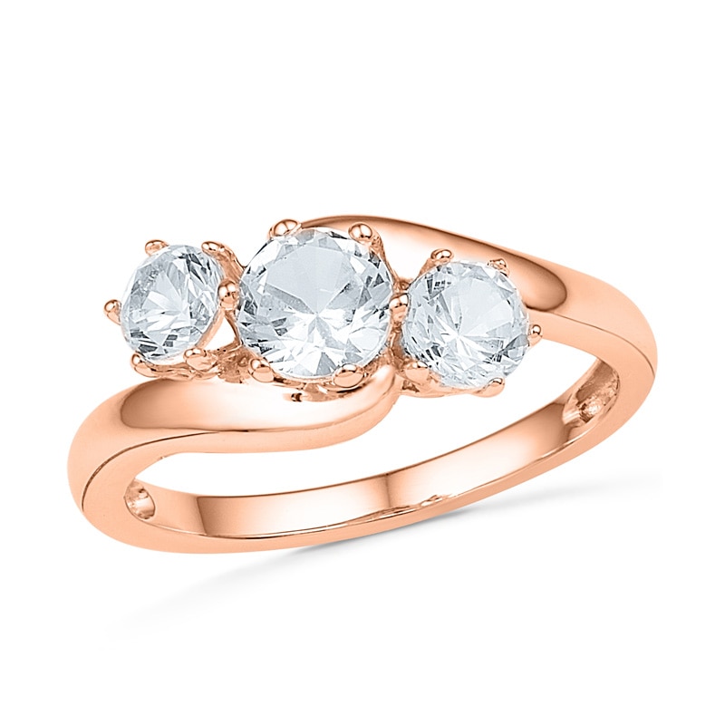 Lab-Created White Sapphire Three Stone Ring in 10K Rose Gold